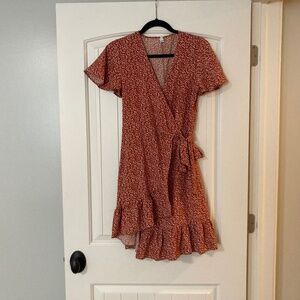 Women’s burnt orange flowy wrap mini dress